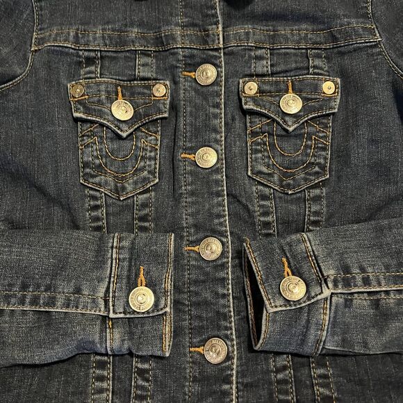 True Religion Womens Sherpa Lined Blue Denim Trucker Jacket XS EUC - Picture 8 of 13